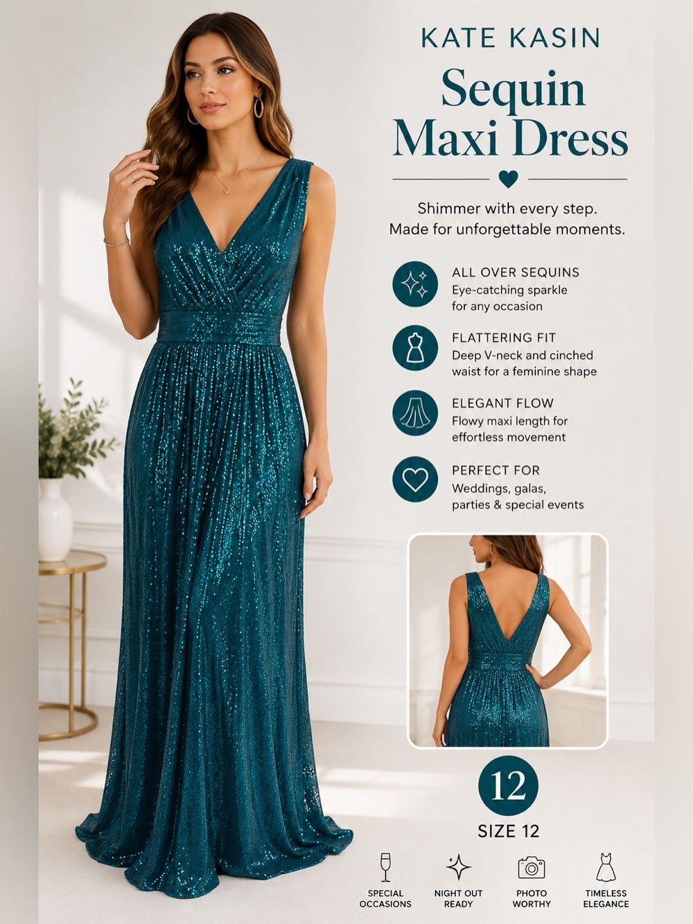 Kate Kasin Teal Sequin Evening Gown Size 12 Glamorous V-Neck Maxi Dress
